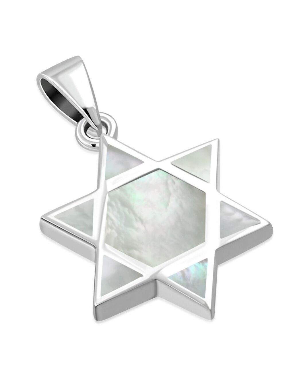 PENDANT--Unisex Magen David Sterling Silver Inlaid with Mother of Pearl